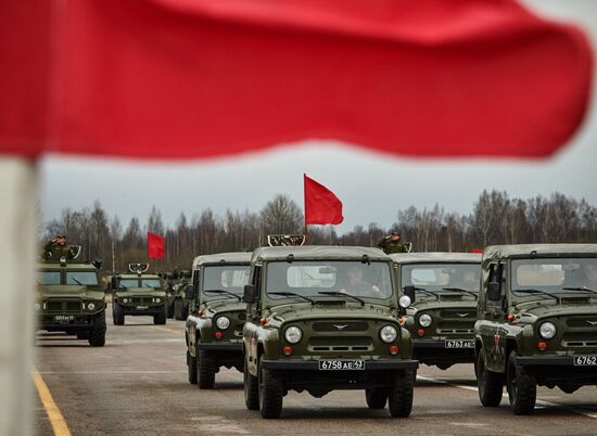 Mechanized unit of St. Petersburg garrison troops during military parade training