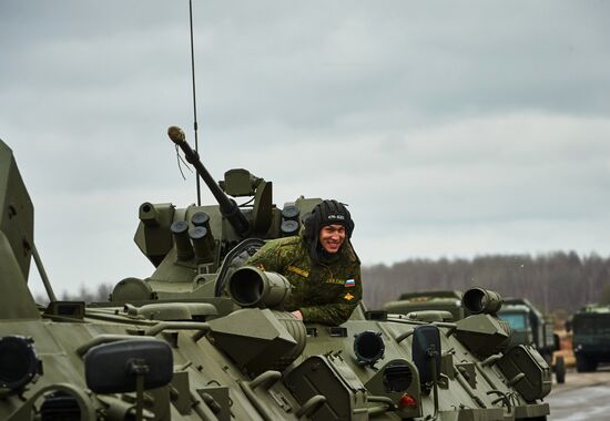 Mechanized unit of St. Petersburg garrison troops during military parade training