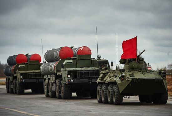Mechanized unit of St. Petersburg garrison troops during military parade training