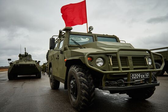 Mechanized unit of St. Petersburg garrison troops during military parade training