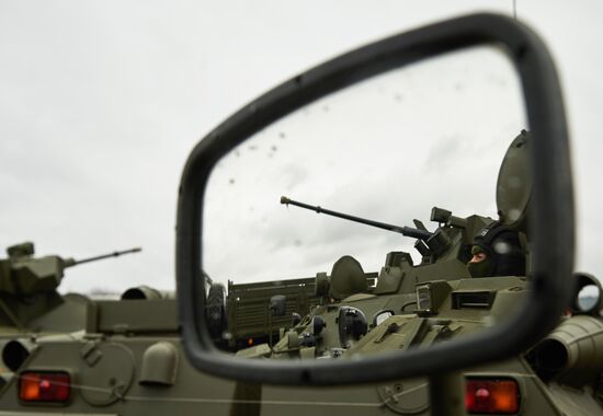 Mechanized unit of St. Petersburg garrison troops during military parade training