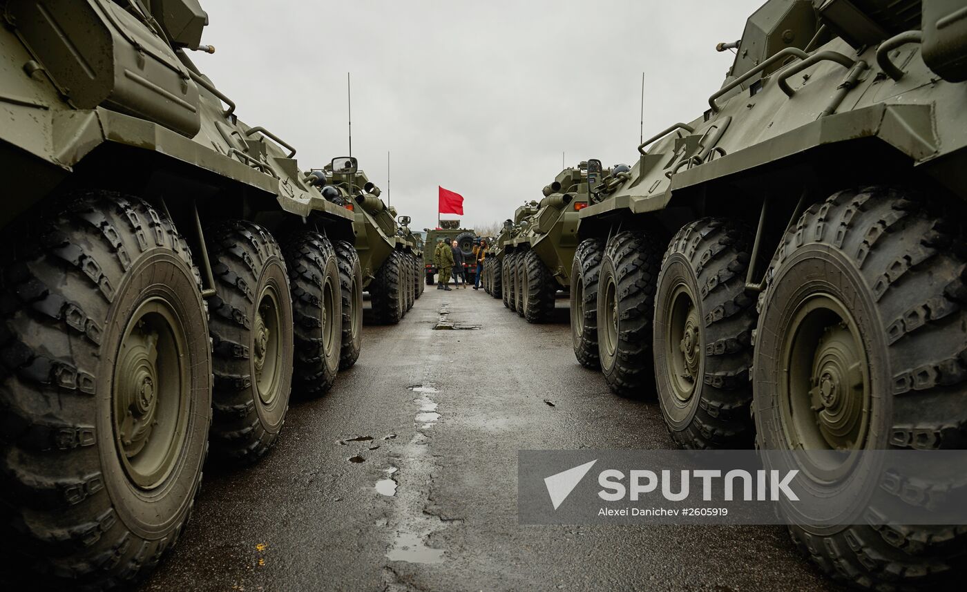 Mechanized unit of St. Petersburg garrison troops during military parade training