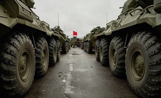 Mechanized unit of St. Petersburg garrison troops during military parade training