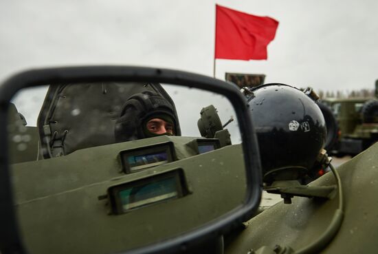 Mechanized unit of St. Petersburg garrison troops during military parade training