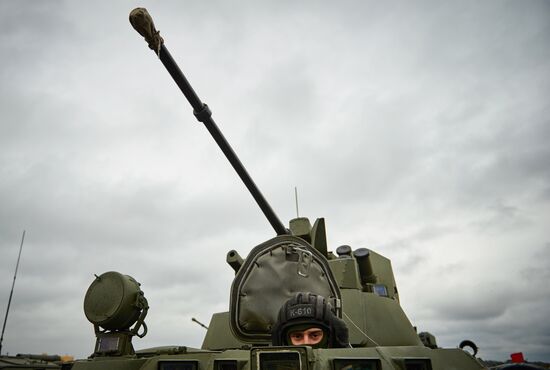Mechanized unit of St. Petersburg garrison troops during military parade training