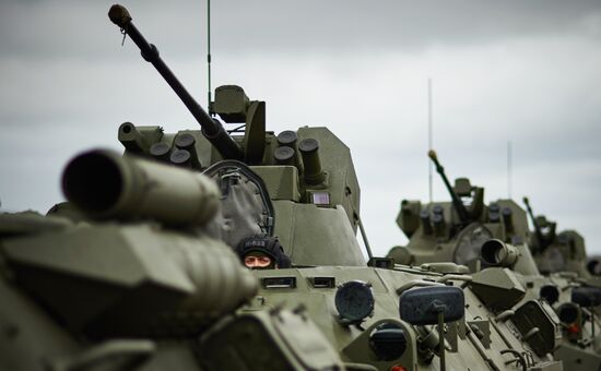 Mechanized unit of St. Petersburg garrison troops during military parade training