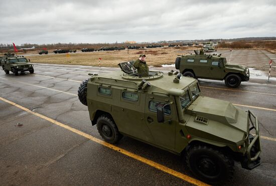 Mechanized unit of St. Petersburg garrison troops during military parade training