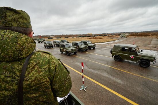 Mechanized unit of St. Petersburg garrison troops during military parade training