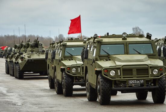 Mechanized unit of St. Petersburg garrison troops during military parade training