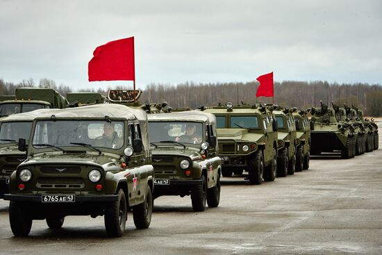 Mechanized unit of St. Petersburg garrison troops during military parade training