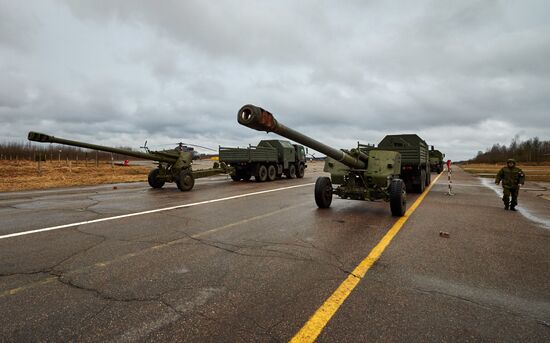 Mechanized unit of St. Petersburg garrison troops during military parade training