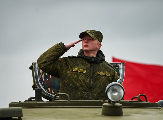 Mechanized unit of St. Petersburg garrison troops during military parade training