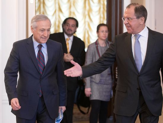 Russian Foreign Minister Sergei Lavrov meets with his Chilean counterpart Heraldo Munoz