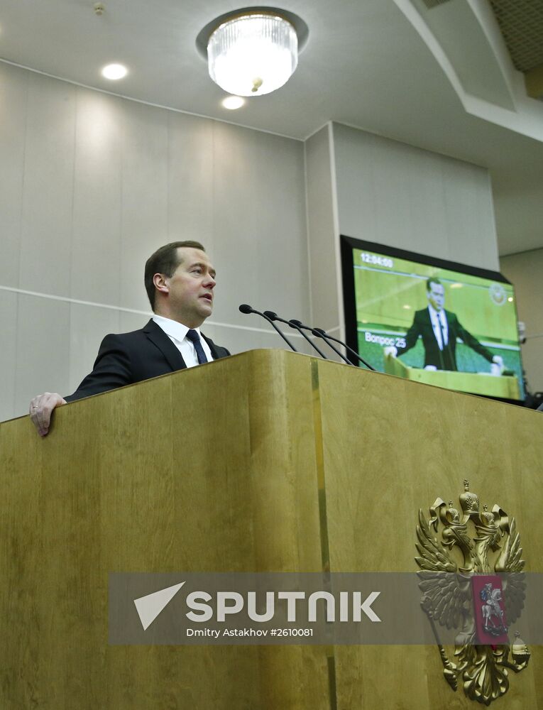 April 21, 2015. Russian Prime Minister Dmitry Medvedev reports on the Government's 2014 performance at the State Duma of the Russian Federation. Location: Russia, Moscow. Author: Dmitry Astakhov/Sputnik. Dmitry Medvedev reports on the Government's performance at the State Duma of the Russian Federation
