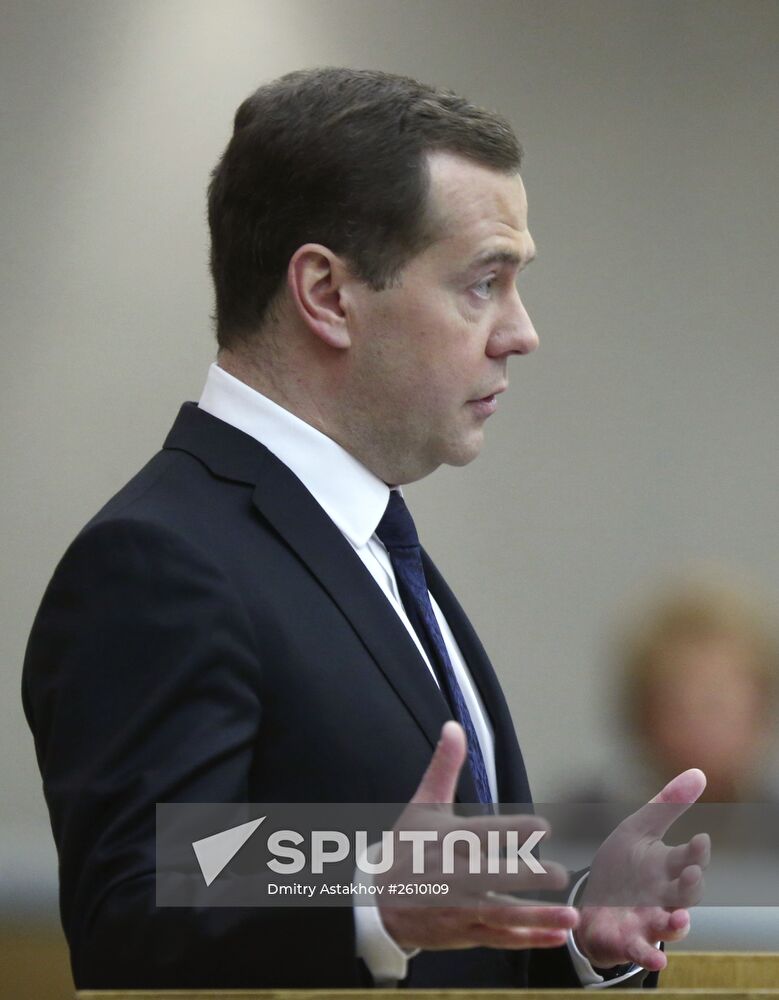 April 21, 2015. Russian Prime Minister Dmitry Medvedev reports on the Government's 2014 performance at the State Duma of the Russian Federation. Location: Russia, Moscow. Author: Dmitry Astakhov/Sputnik. Dmitry Medvedev reports on the Government's performance at the State Duma of the Russian Federation