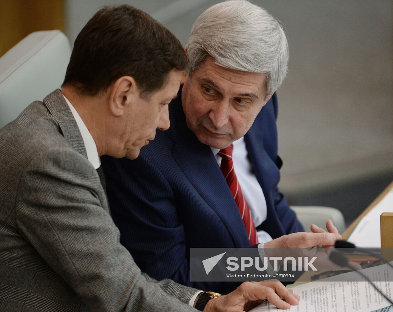 First Deputy Speaker Alexander Zhukov, left, and First Deputy Speaker Ivan Melnikov at a State Duma plenary session. Location: Russia, Moscow. Author: Vladimir Fedorenko/Sputnik. State Duma plenary session