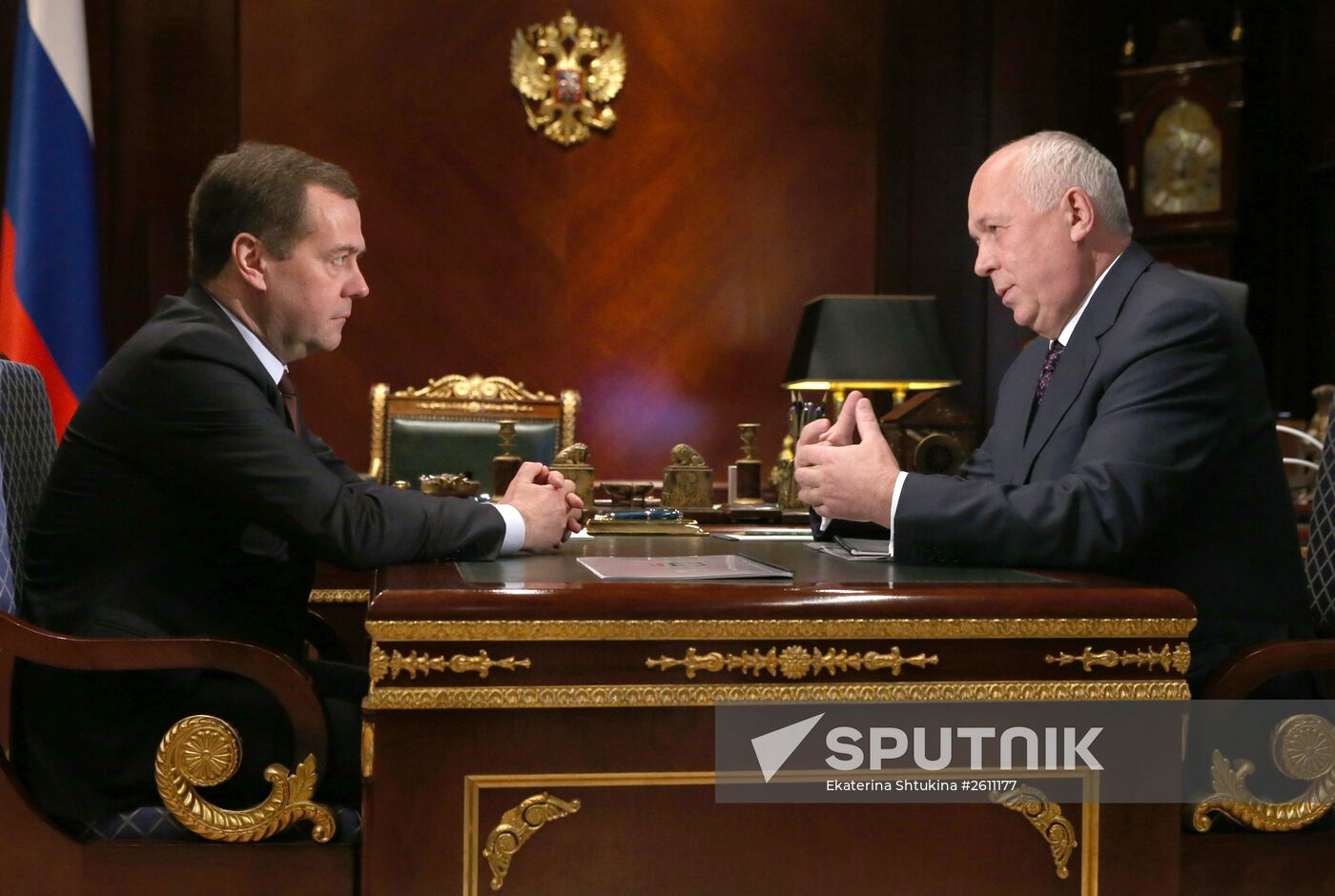 Russian Prime Minister Dmitry Medvedev meets with Rostec State Corporation Sergei Chemezov