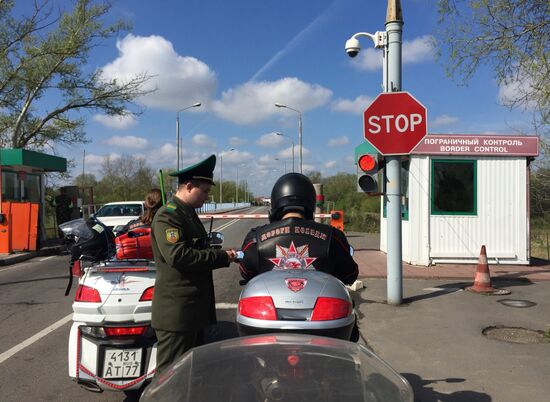 Members of Night Wolves bikers' club on the Belarusian-Polish border
