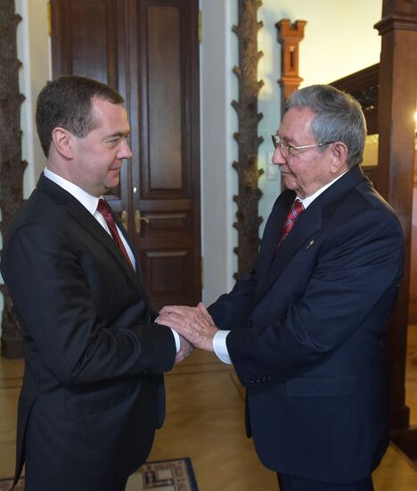 Russian Prime Minister Dmitry Medvedev meets with President of Council of State of Cuba Raul Castro