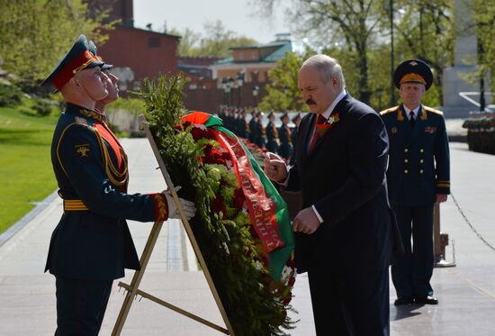 President of Belarus Alexander Lukashenko lays flowers at Tomb of the Unknown Soldier