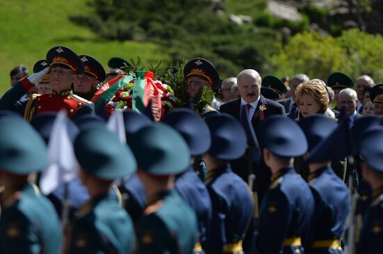 President of Belarus Alexander Lukashenko lays flowers at Tomb of the Unknown Soldier
