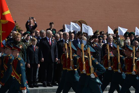 President of Belarus Alexander Lukashenko lays flowers at Tomb of the Unknown Soldier