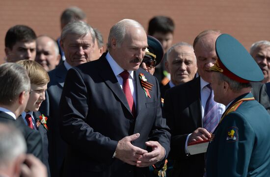 President of Belarus Alexander Lukashenko lays flowers at Tomb of the Unknown Soldier