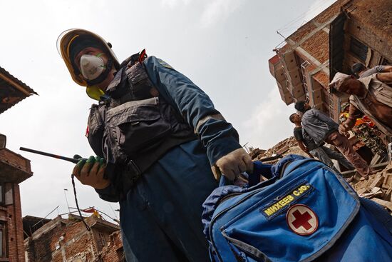 Russian Emergencies Ministry rescuers take part in relief efforts in Nepal
