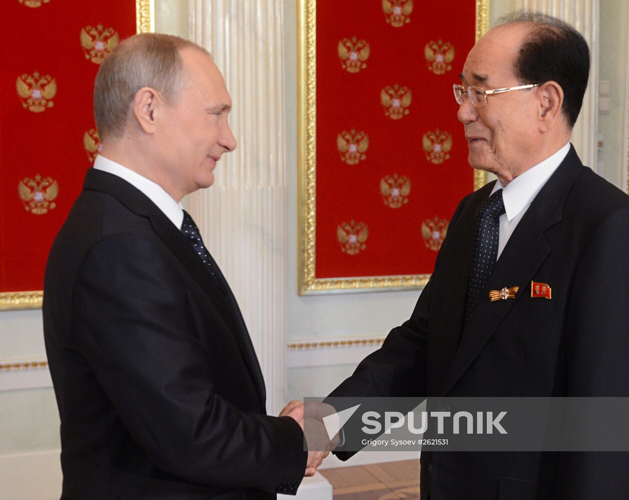 Russian President Vladimir Putin welcomes foreign delegation heads and honorary guests