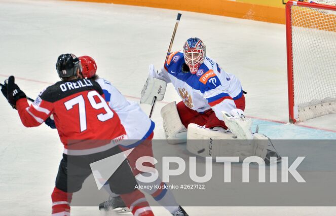 Rissian goalie Sergei Bobrovsky during the final match of the 2015 IIHF World Championship, Canada vs. Russia. Location: Czech Republic, Prague. Author: Alexey Kudenko/Sputnik. 2015 IIHF World Championship. Finals. Canada vs. Russia