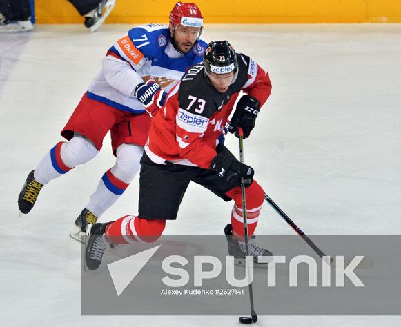 Russian player Ilya Kovalchuk, left, and Canada's Tyler Toffoli during the final match of the 2015 IIHF World Championship, Canada vs. Russia. Location: Czech Republic, Prague. Author: Alexey Kudenko/Sputnik. 2015 IIHF World Championship. Finals. Canada vs. Russia