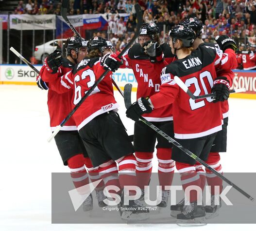 Canadian players celebrate a goal during the finals of the 2015 IIHF World Championship between the national teams of Canada and Russia. Location: Czech Republic, Prague. Author: Grigoriy Sokolov/Sputnik. 2015 IIHF World Championship. Finals. Canada vs. Russia