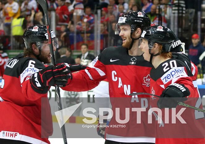 Canadian players celebrate a goal during the finals of the 2015 IIHF World Championship between the national teams of Canada and Russia. Location: Czech Republic, Prague. Author: Grigoriy Sokolov/Sputnik. 2015 IIHF World Championship. Finals. Canada vs. Russia