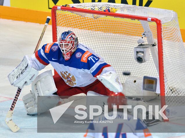Russian goalie Sergei Bobrovsky during the finals of the 2015 IIHF World Championship between the national teams of Canada and Russia. Location: Czech Republic, Prague. Author: Alexey Kudenko/Sputnik. 2015 IIHF World Championship. Finals. Canada vs. Russia