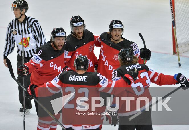 Canadian players celebrate a goal during the final match of the 2015 IIHF World Championship, Canada vs. Russia. Location: Czech Republic, Prague. Author: Alexey Kudenko/Sputnik. 2015 IIHF World Championship. Finals. Canada vs. Russia