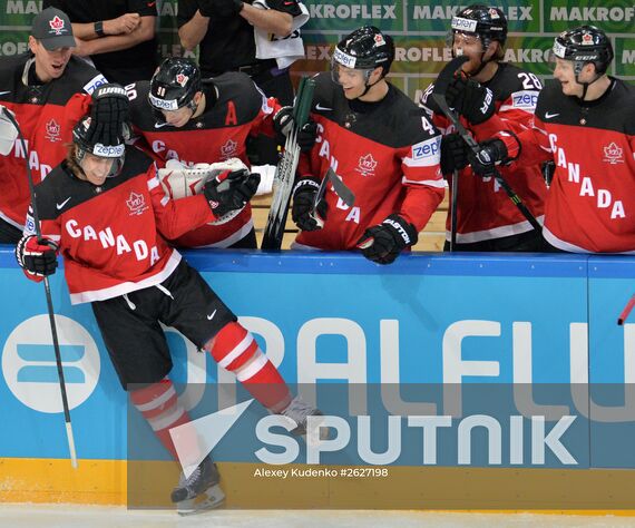 Canadian players celebrate a goal during the final match of the 2015 IIHF World Championship, Canada vs. Russia. Location: Czech Republic, Prague. Author: Alexey Kudenko/Sputnik. 2015 IIHF World Championship. Finals. Canada vs. Russia