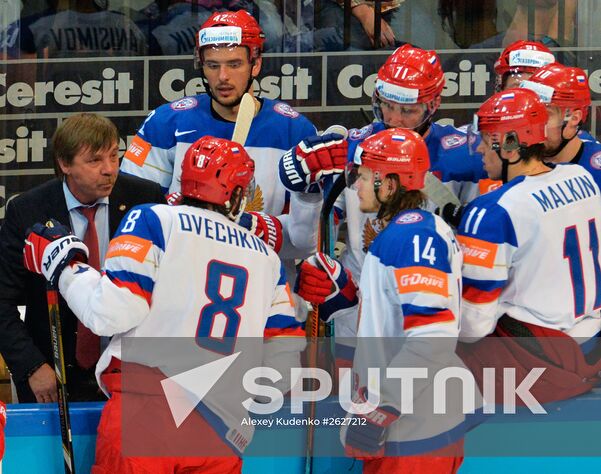 Russian team's head coach Oleg Znarok, left, during the finals between the national teams of Canada and Russia at the 2015 IIHF Ice Hockey World Championship. Location: Czech Republic, Prague. Author: Alexey Kudenko/Sputnik. 2015 IIHF World Championship. Finals. Canada vs. Russia