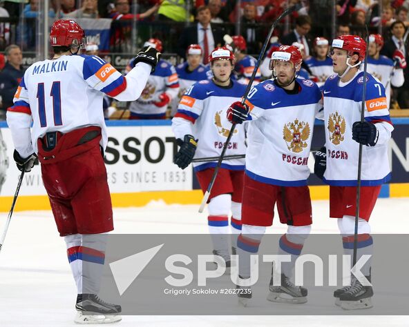 Russian players celebrate a goal during the finals between the national teams of Canada and Russia at the 2015 IIHF Ice Hockey World Championship. Location: Czech Republic, Prague. Author: Grigoriy Sokolov/Sputnik. 2015 IIHF Ice Hockey World Championship. Finals. Canada vs. Russia
