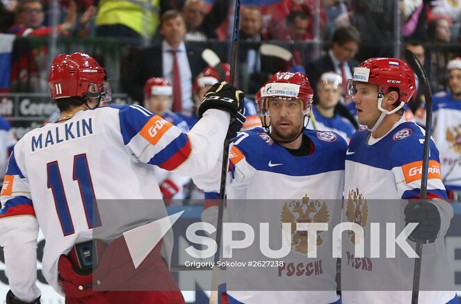 Russian players celebrate a goal during the finals between the national teams of Canada and Russia at the 2015 IIHF Ice Hockey World Championship. Location: Czech Republic, Prague. Author: Grigoriy Sokolov/Sputnik. 2015 IIHF Ice Hockey World Championship. Finals. Canada vs. Russia