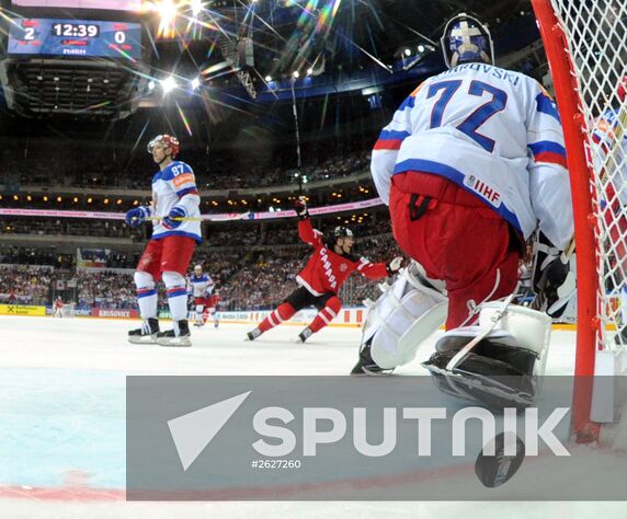 Russia's goalie Sergei Bobrovsky during the finals between the national teams of Canada and Russia at the 2015 IIHF Ice Hockey World Championship. Location: Czech Republic, Prague. 2015 IIHF Ice Hockey World Championship. Finals. Canada vs. Russia