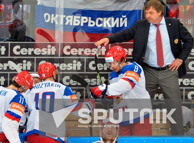 From left: Russia's players Alexander Ovechkin, Ilya Kovalchuk, Maxim Chudinov and Artemy Panarin after the finals between the national teams of Canada and Russia at the 2015 IIHF Ice Hockey World Championship. Location: Czech Republic, Prague. Author: Alexey Kudenko/Sputnik. 2015 IIHF Ice Hockey World Championship. Finals. Canada vs. Russia