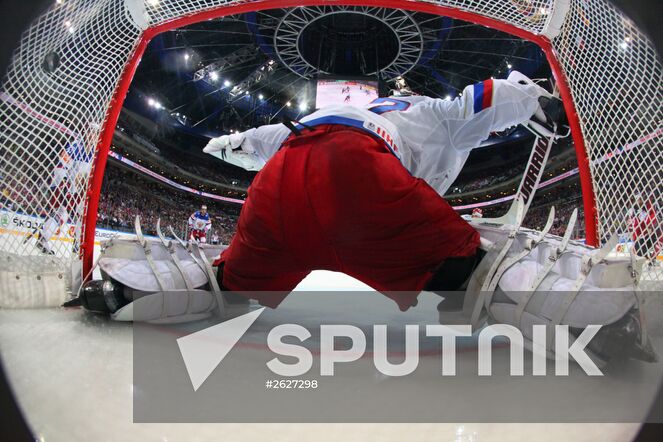Russia's goalie Sergei Bobrovsky fails to make a save during the finals between the national teams of Canada and Russia at the 2015 IIHF Ice Hockey World Championship. Location: Czech Republic, Prague. 2015 IIHF Ice Hockey World Championship. Finals. Canada vs. Russia