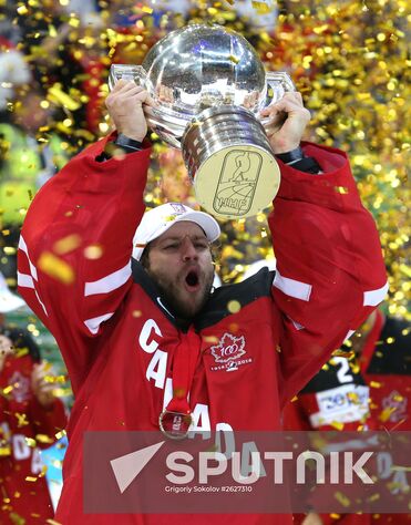 Canada's goalie Mike Smith celebrates his team's victory in the finals between the national teams of Canada and Russia at the 2015 IIHF Ice Hockey World Championship. The Canadian team won the gold medals at the 2015 IIHF Ice Hockey World Championship. Location: Czech Republic, Prague. Author: Grigoriy Sokolov/Sputnik. 2015 IIHF Ice Hockey World Championship. Finals. Canada vs. Russia