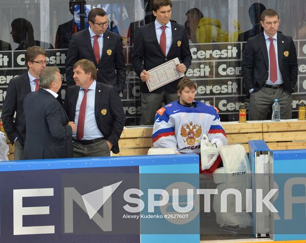 Russia's goalie Sergei Bobrovsky after the team's defeat in the finals of the 2015 IIHF World Championship. Canada vs. Russia. Location: Czech Republic, Prague. Author: Alexey Kudenko/Sputnik. 2015 IIHF World Championship. Finals. Canada vs. Russia