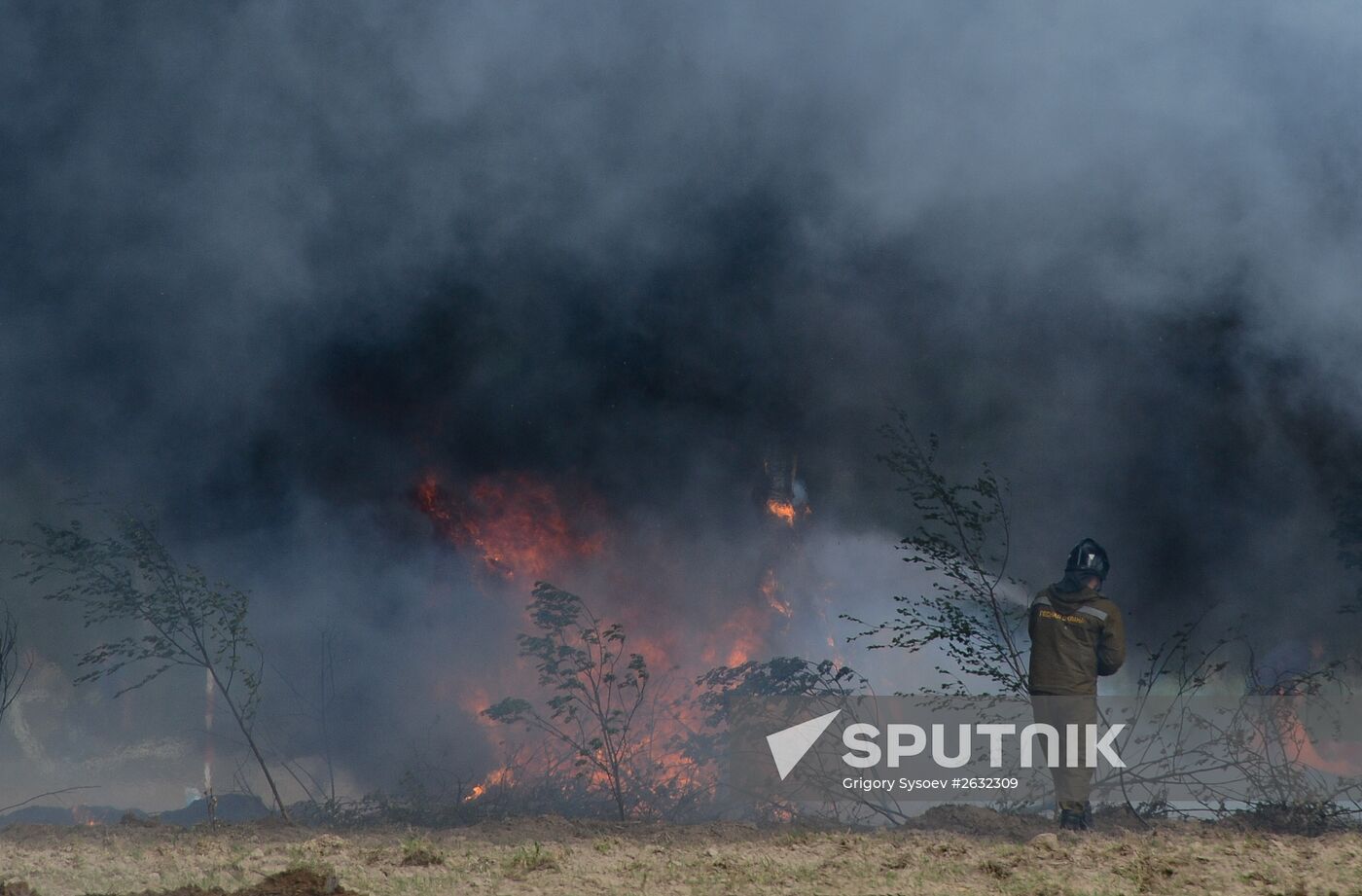 Moscow Region Governor Andrei Vorobyov attends drill to put out wildfire and peat-bog fires