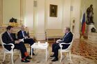 May 28, 2015. From right: Russian President Vladimir Putin, Head of the newspaper Il Corriere della Sera Luciano Fontana and journalist Paolo Valentino during and interview ahead of Vladimir Putin's visit to Italy. Location: Russia, Moscow. Author: Aleksey Nikolskyi/Sputnik. President Vladimir Putin gives interview to Il Corriere della Sera ahead of his visit to Italy