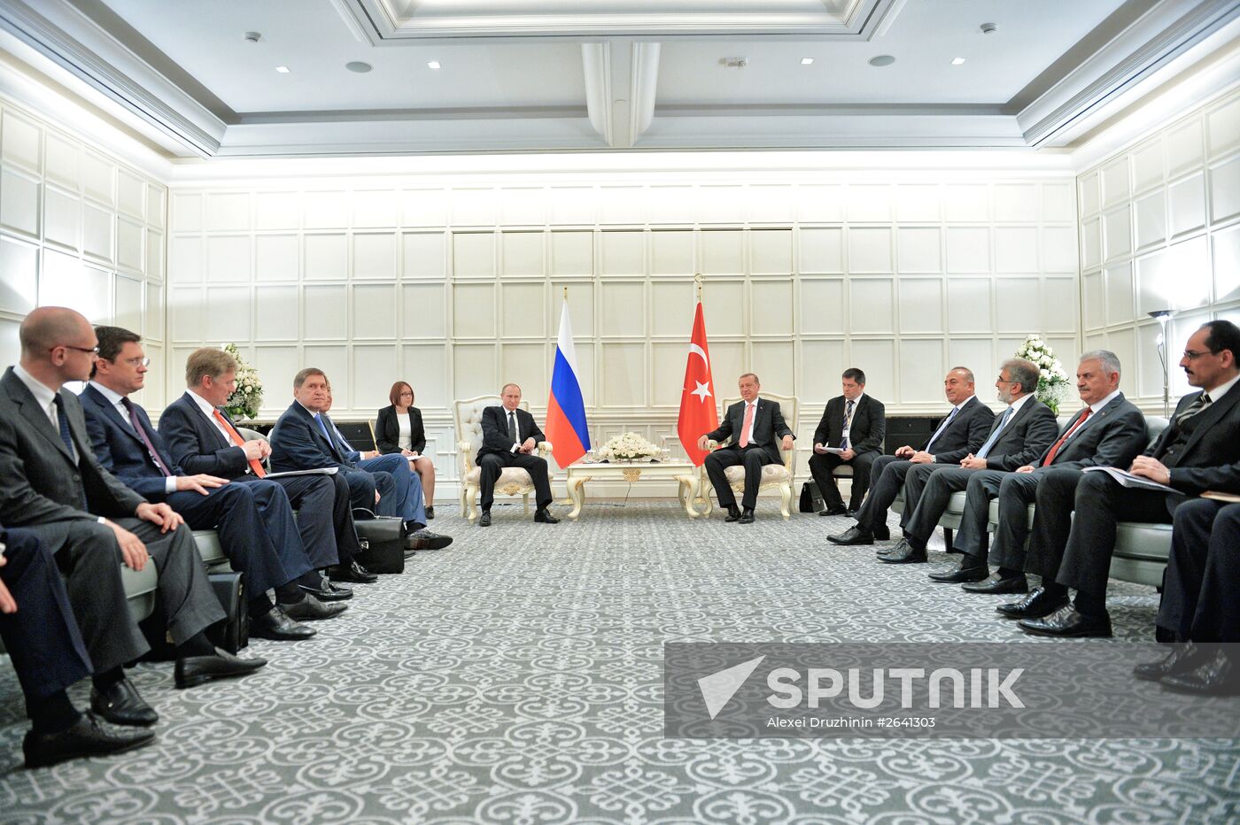 June 13, 2015. Center, from left: Russian President Vladimir Putin and President of Turkey Recep Tayyip Erdoğan during a meeting at Four Seasons Hotel Baku, in Baku, Azerbaijan. Location: Azerbaijan, Baku. Author: Alexei Druzhinin/Sputnik. Russia President Vladimir Putin's working visit to Azerbaijan. Day two