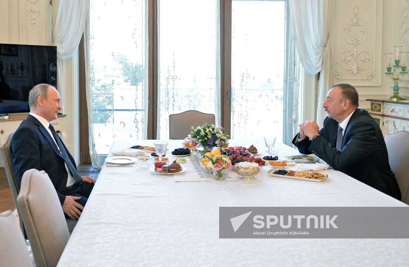 Russian President Vladimir Putin, left, and President of Azerbaijan Ilham Aliyev during their meeting at Zagulba state residence, June 13, 2015. Location: Azerbaijan, Baku. Author: Alexei Druzhinin/Sputnik. Vladimir Putin visits Azerbaijan. Day 2