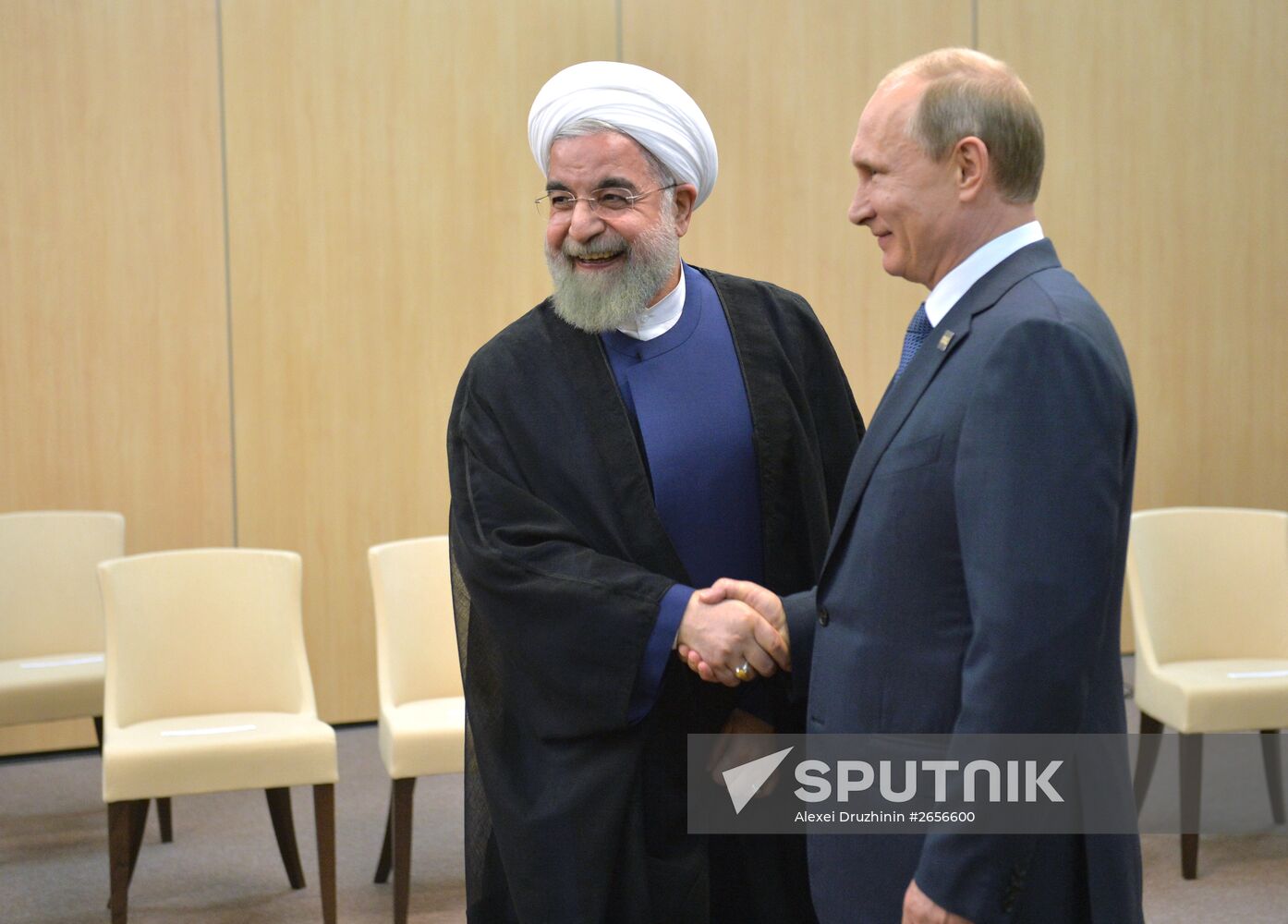 President of the Russian Federation Vladimir Putin meets with President of the Islamic Republic of Iran Hassan Rouhani