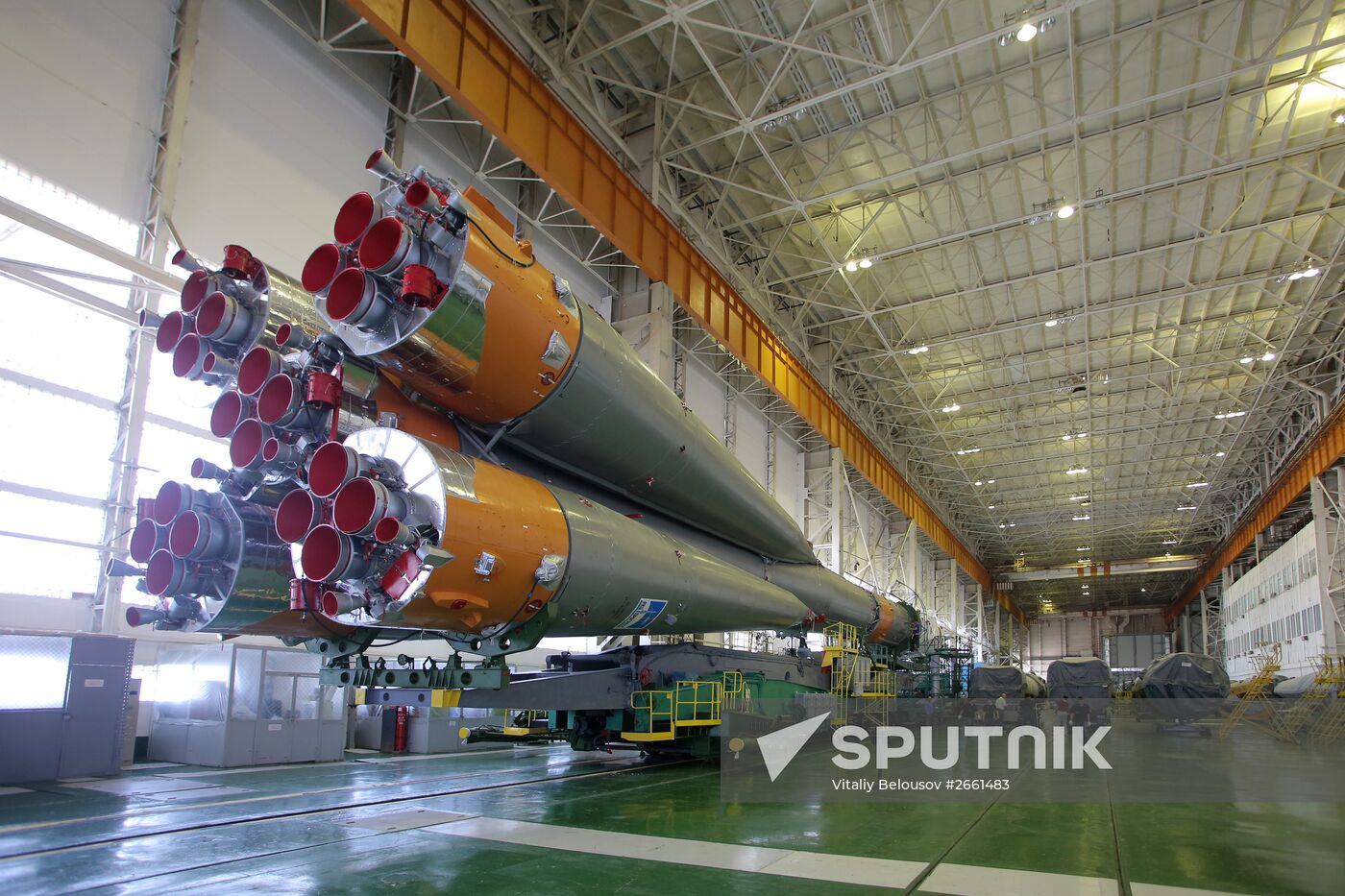 Soyuz TMA-17M spacecraft prepared for rollout to launch pad